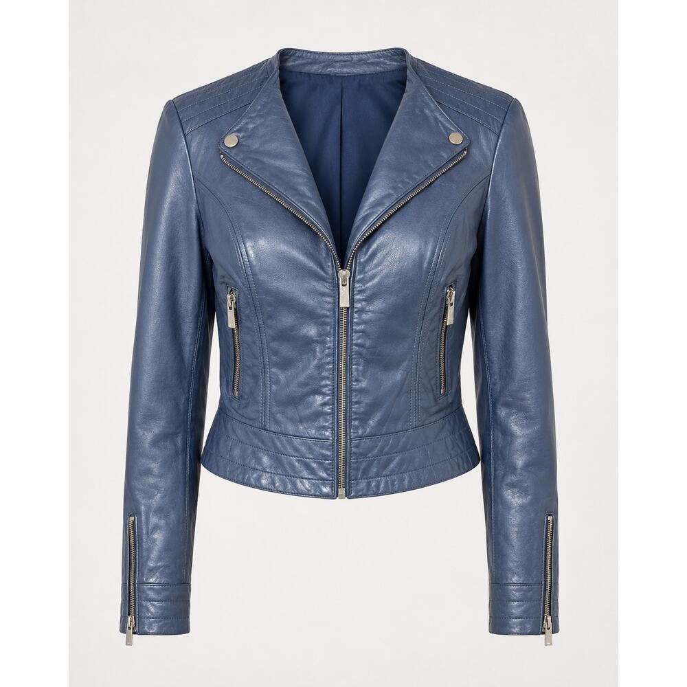 Blanc Noir Size Medium 100% Leather Navy Blue Moto Zip Up Jacket